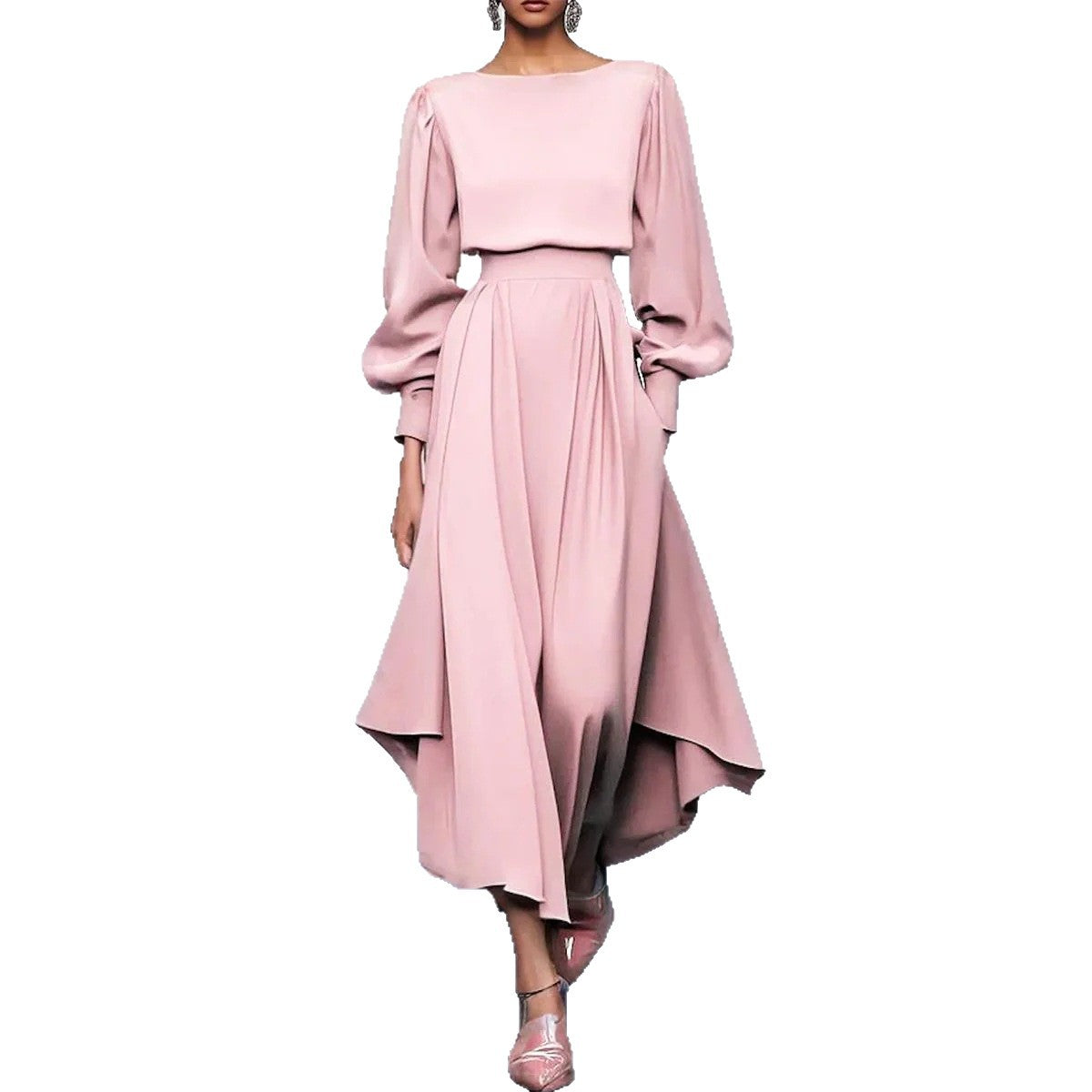 Round Neck Long Sleeve Solid Color Dress