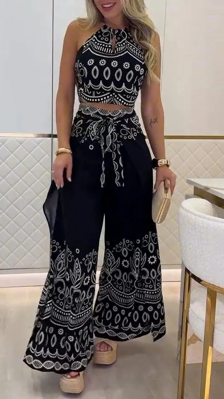 Ethnic Style Halter Top Wide Leg Pants Suit