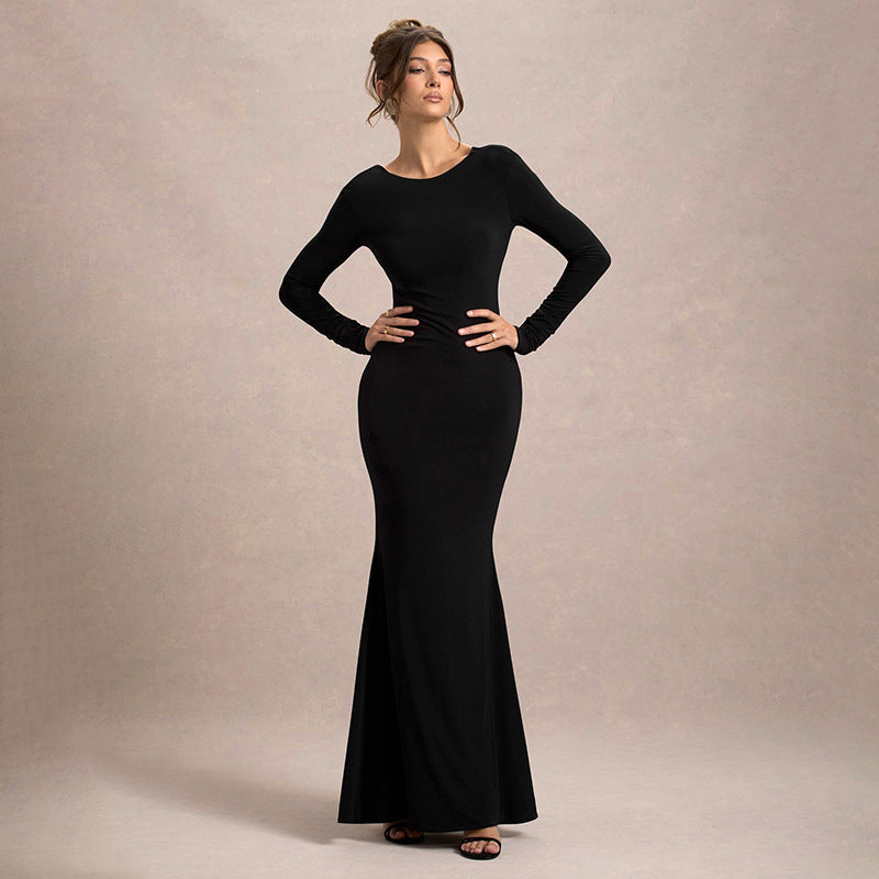 Backless Bow Long Sleeve Narrow Dress Women's Clothing