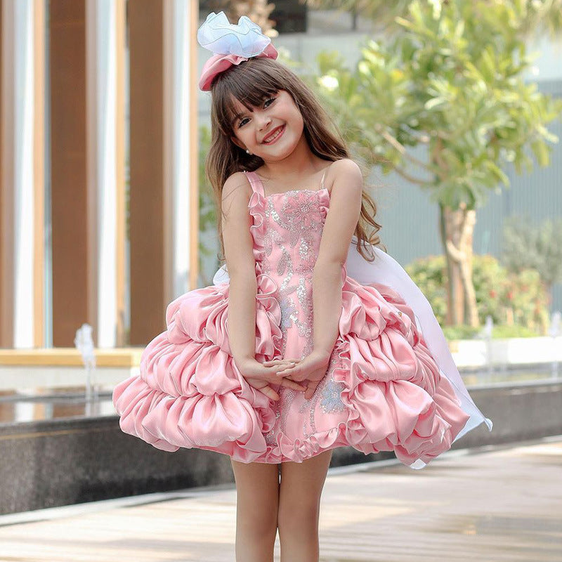 Robe bouffante rose à nœud d'été pour enfants, vêtement de spectacle pour défilé