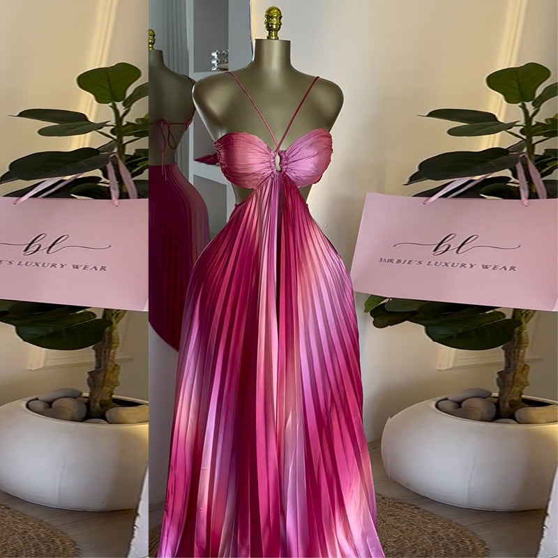 Strap Tube Top Lace-up Pleated Oversized Swing Dress