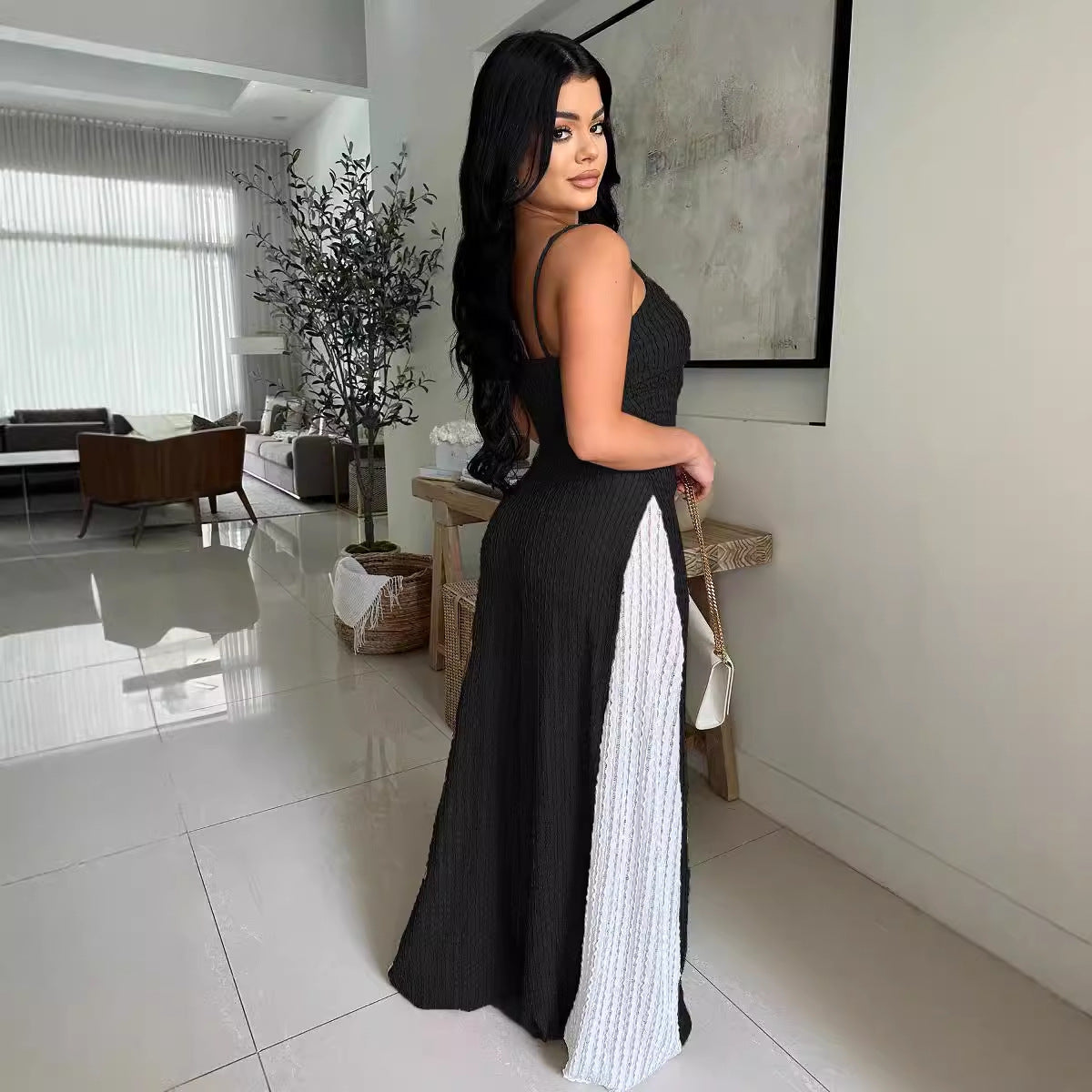 Cutout Wide Leg Knitted Sling Stitching Contrast Color Jumpsuit