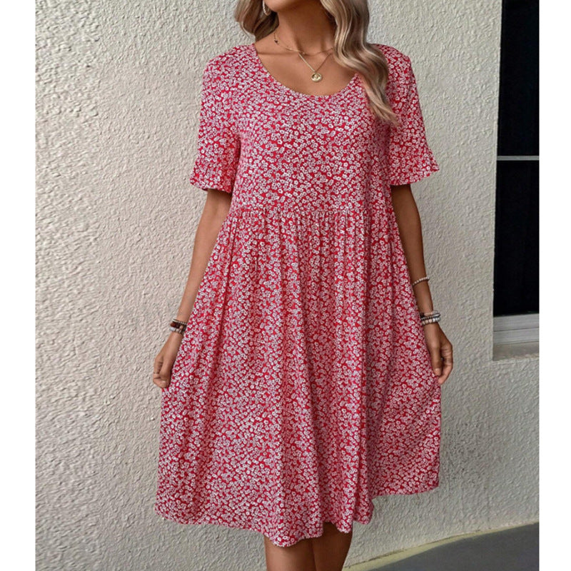 Round Neck Short Sleeve Printed Floral Dress Women