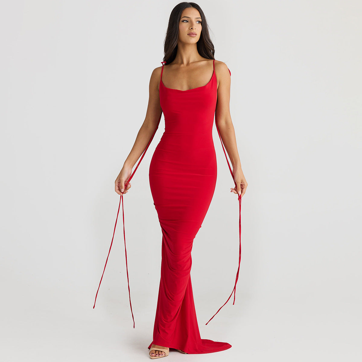 Rose U-shaped Collar Pleated Lace-up Long Dress