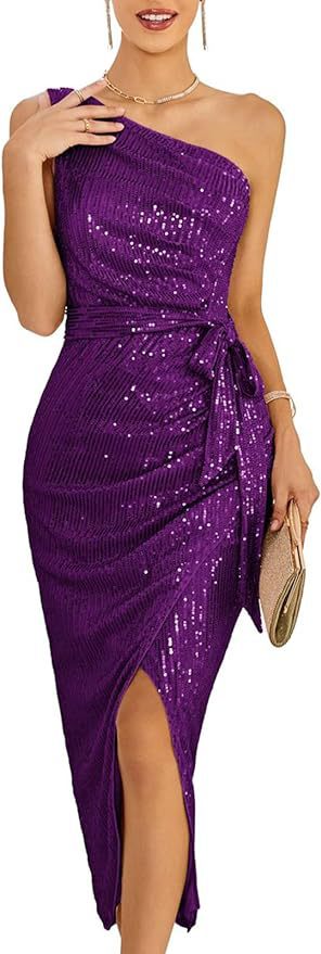 Robe fendue à paillettes sans manches et à une épaule pour femme