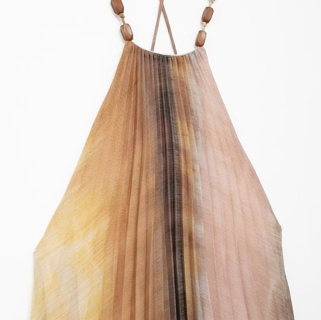 Robe plissée à col suspendu tie-dye pour femme