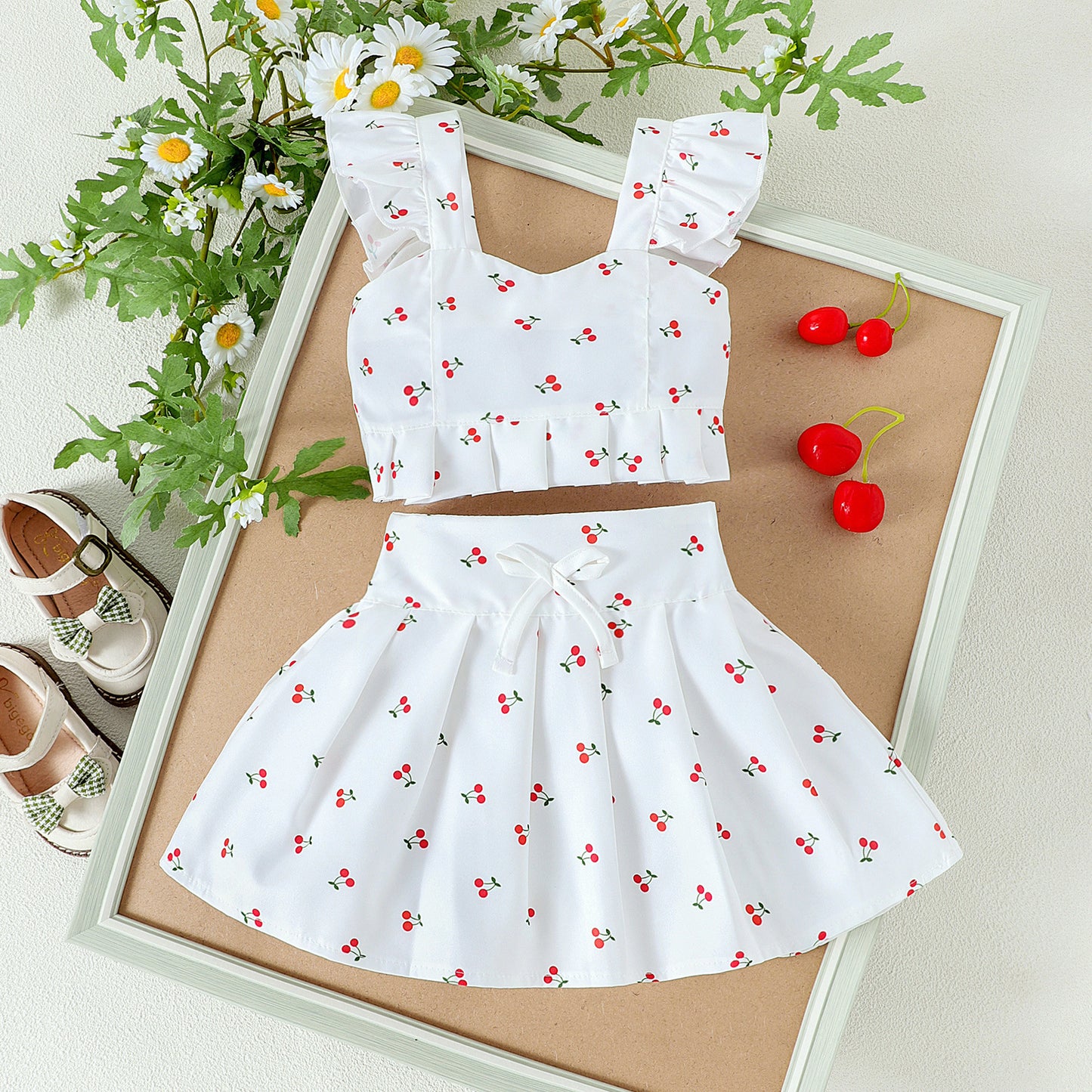 Girls' Flounced Sleeve Printed Strappy Bow Pleated Skirt Two-piece Set