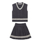 Simple Contrast Color College Style Knitted Vest Mid-length Dress Set