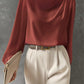 Solid Color Pleated Women's T-shirt Elegant Pullover Satin Top Commute Style Long Sleeve Top
