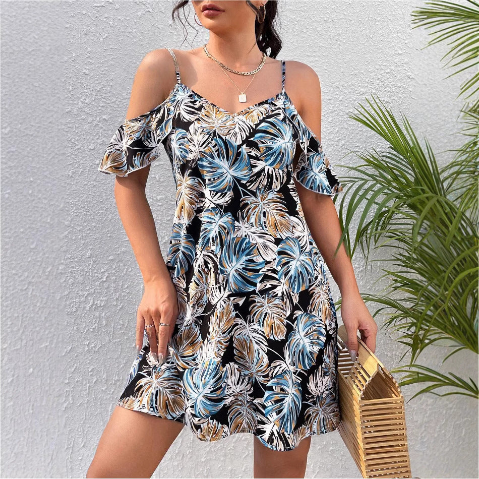 Casual Printing Short Sleeve Strappy Dress