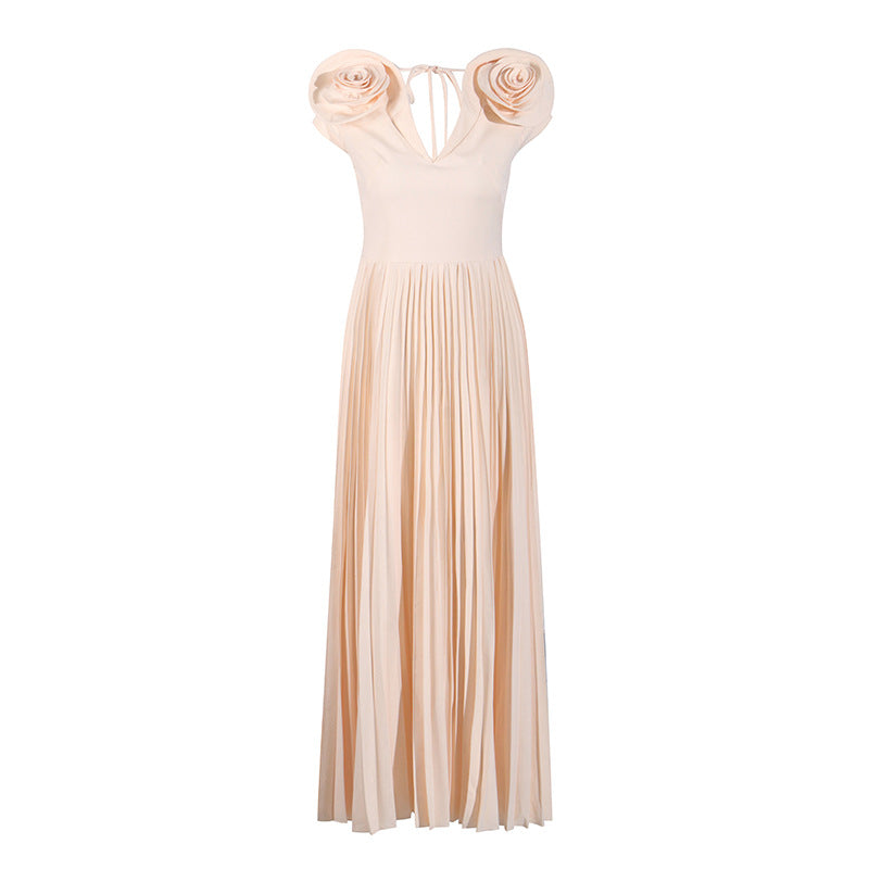 V-neck Three-dimensional Flowers High Waist Pleated Dress