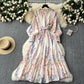 Elegant Retro Lantern Long Sleeve Waist Trimming Printing French Suit Long Dress