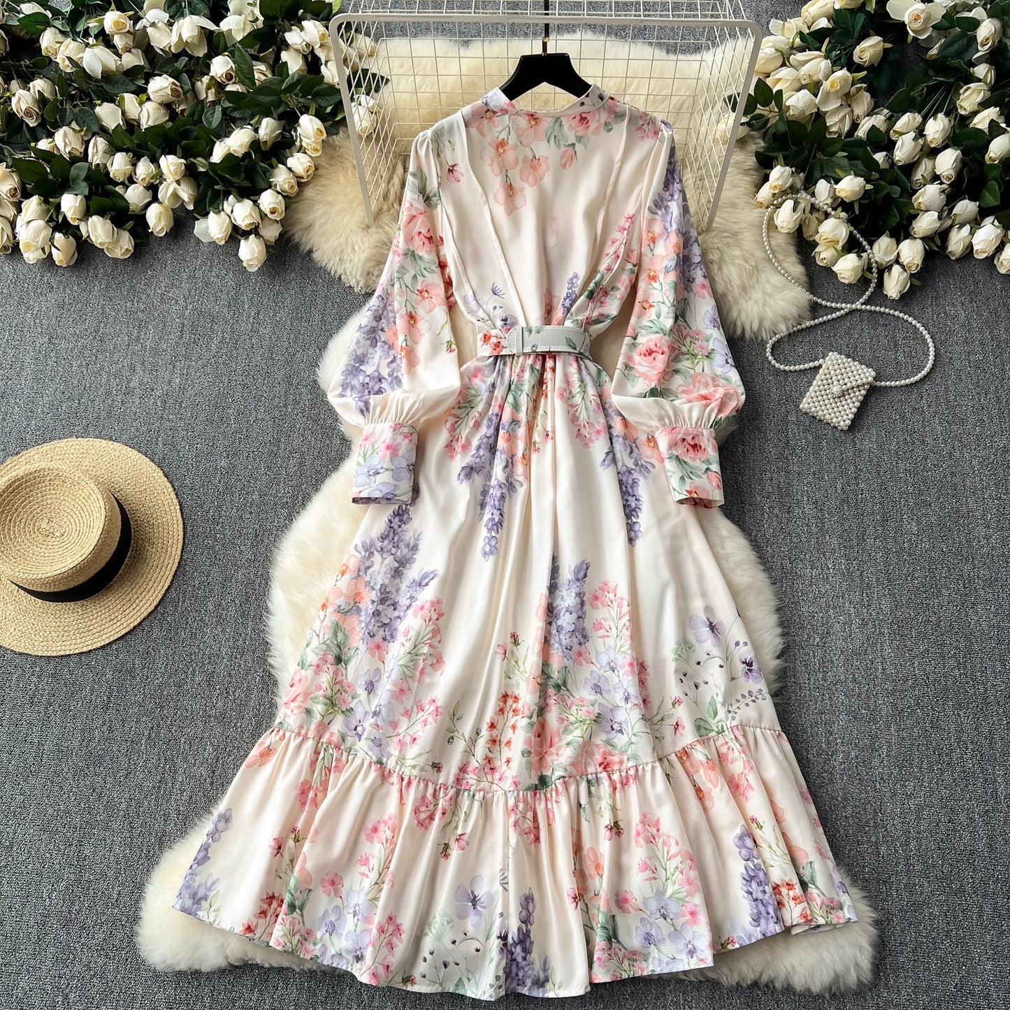 Elegant Retro Lantern Long Sleeve Waist Trimming Printing French Suit Long Dress