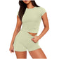 Solid Color Slim Shirt Top High Waist Shorts Suit