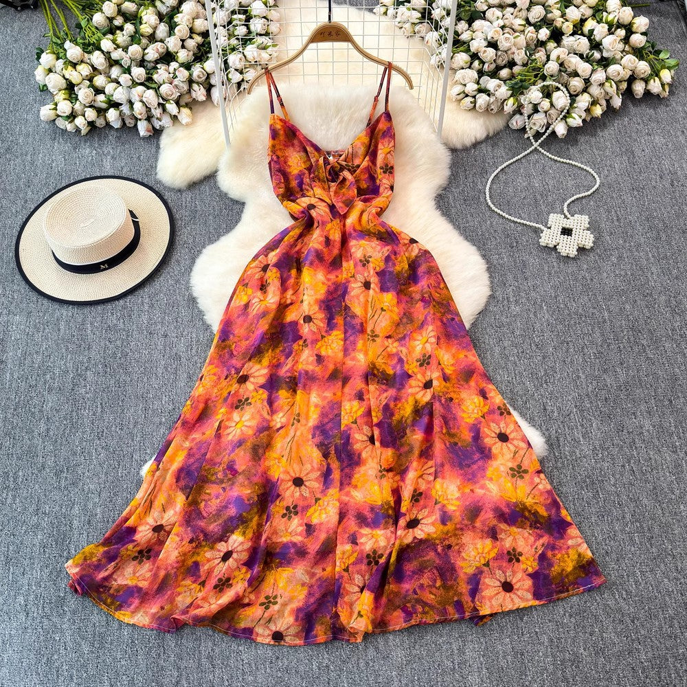 Colorful Flora V-neck Strap Dress Women