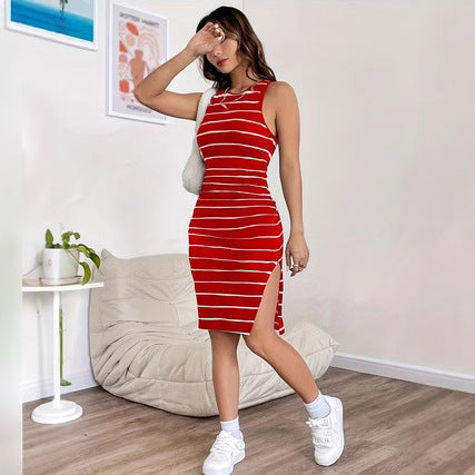 Women's Elegant Striped Printed Slit Dress