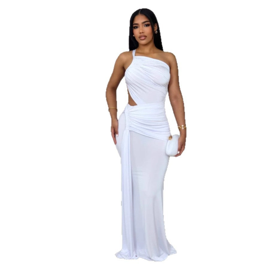 Women's Fashion Solid Color Long One Shoulder Pleated Dress