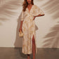 Printed Long Short Sleeve Printed V-neck Dress