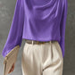 Solid Color Pleated Women's T-shirt Elegant Pullover Satin Top Commute Style Long Sleeve Top