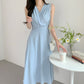 French Style V-neck Pleated Temperament Lace-up Waist-controlled Slimming Sleeveless Dress