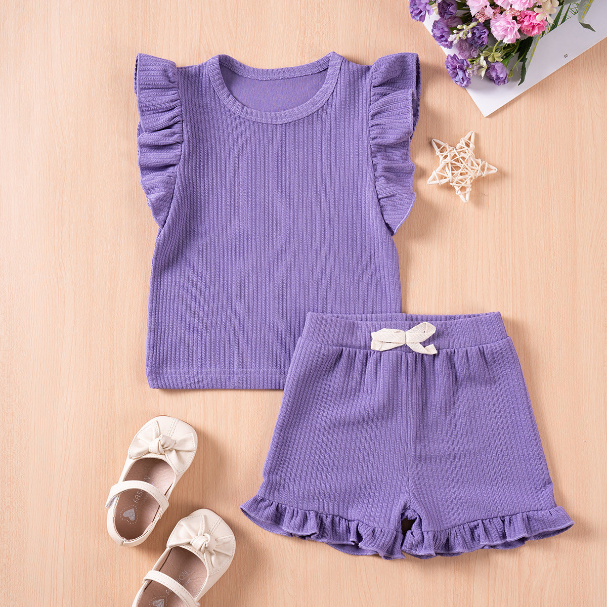 Ensembles d'été pour filles, couleur unie, décontractés, manches volantées, shorts