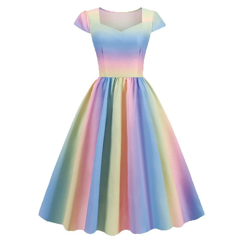 Printed Dress Women's Short Sleeve Waist-tight Retro