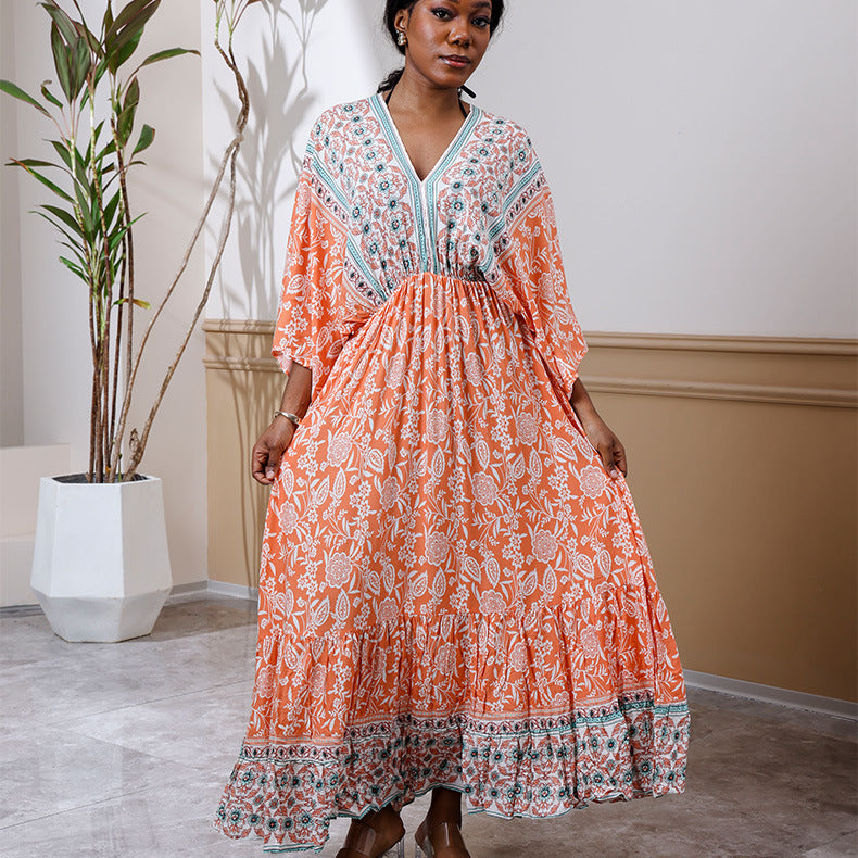 V-neck Beach Vacation Bat Sleeve Bohemian Dress