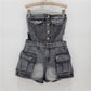 Breasted Hollow-out Midriff Tube Top Cowboy Siamese Shorts For Women