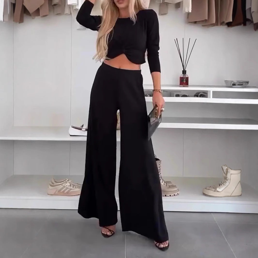 Solid Color O-neck Short Top T-shirt Wide Leg Pants Casual Suit