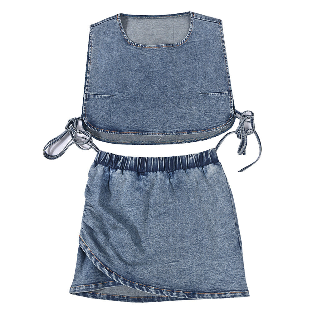 Denim Style Vest Short Skirt Stretch Two-piece Suit Denim Women's Wear