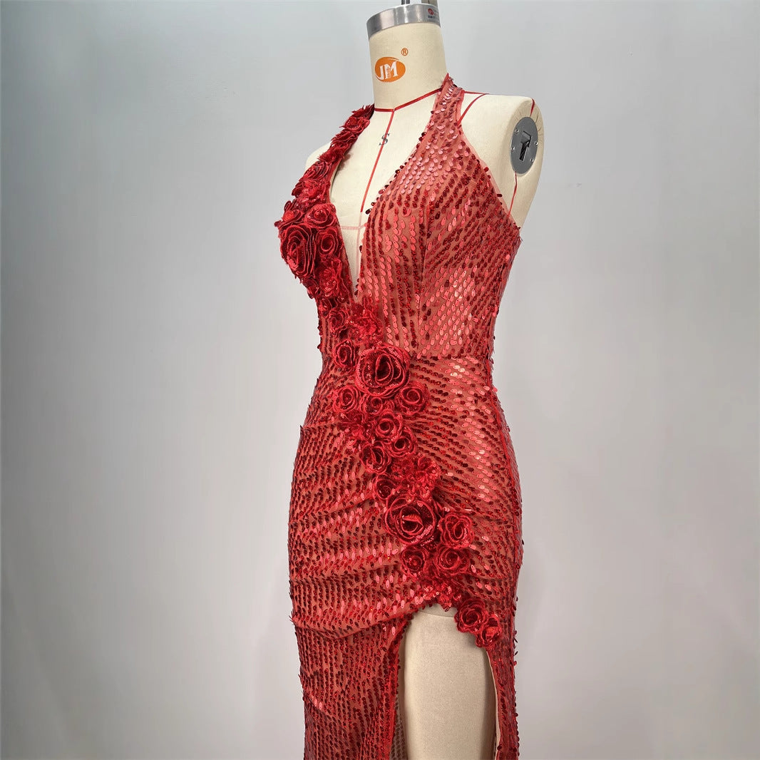 Robe de soirée fendue à paillettes et dos nu