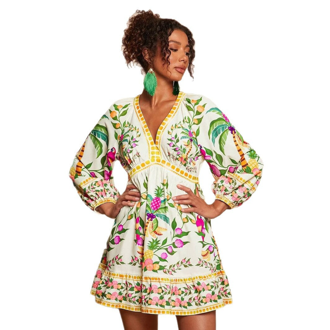 V-neck Printed 34 Sleeves Mini Dress