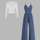 Lace Long Sleeve Sling Slim Fit Bodysuit V-neck Wide Leg Suit