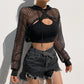 Solid Color Mesh Hollow Out Hooded Loose Smock Top