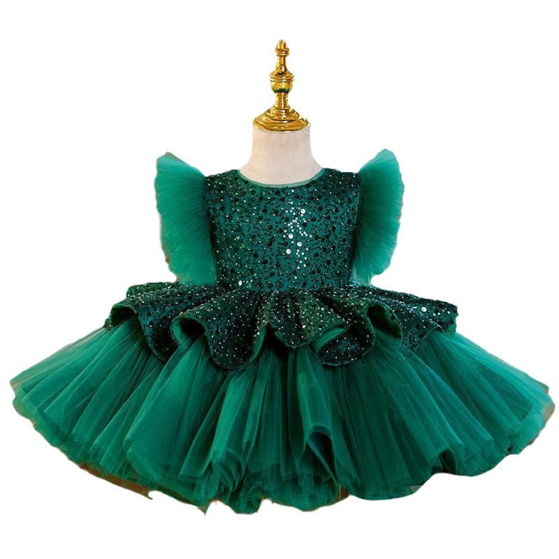 Robe de princesse tutu en tulle à manches volantées et paillettes vertes