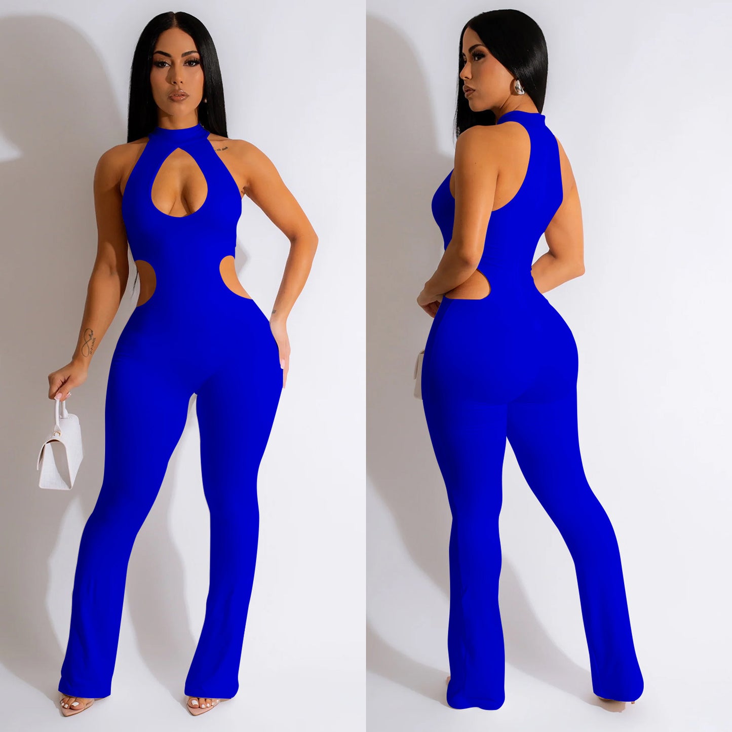 Women's Solid Color Halter Hollow-out Jumpsuit