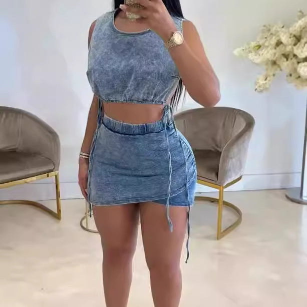 Denim Style Vest Short Skirt Stretch Two-piece Suit Denim Women's Wear