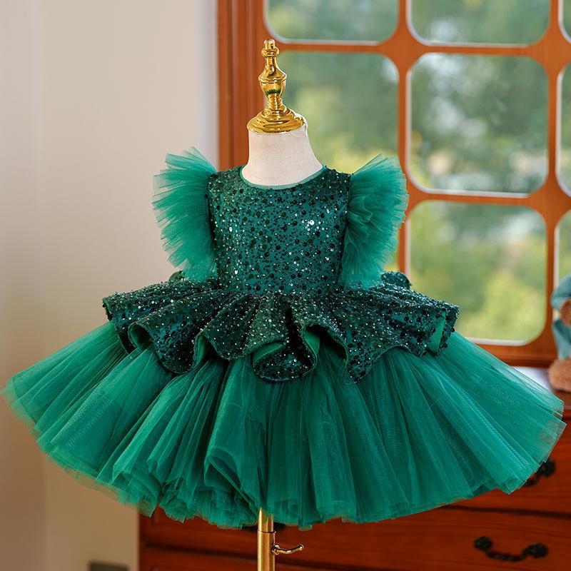 Robe de princesse tutu en tulle à manches volantées et paillettes vertes