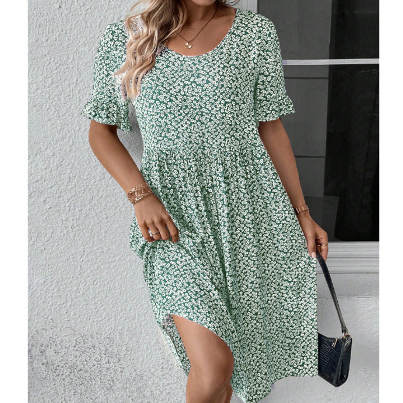 Round Neck Short Sleeve Printed Floral Dress Women