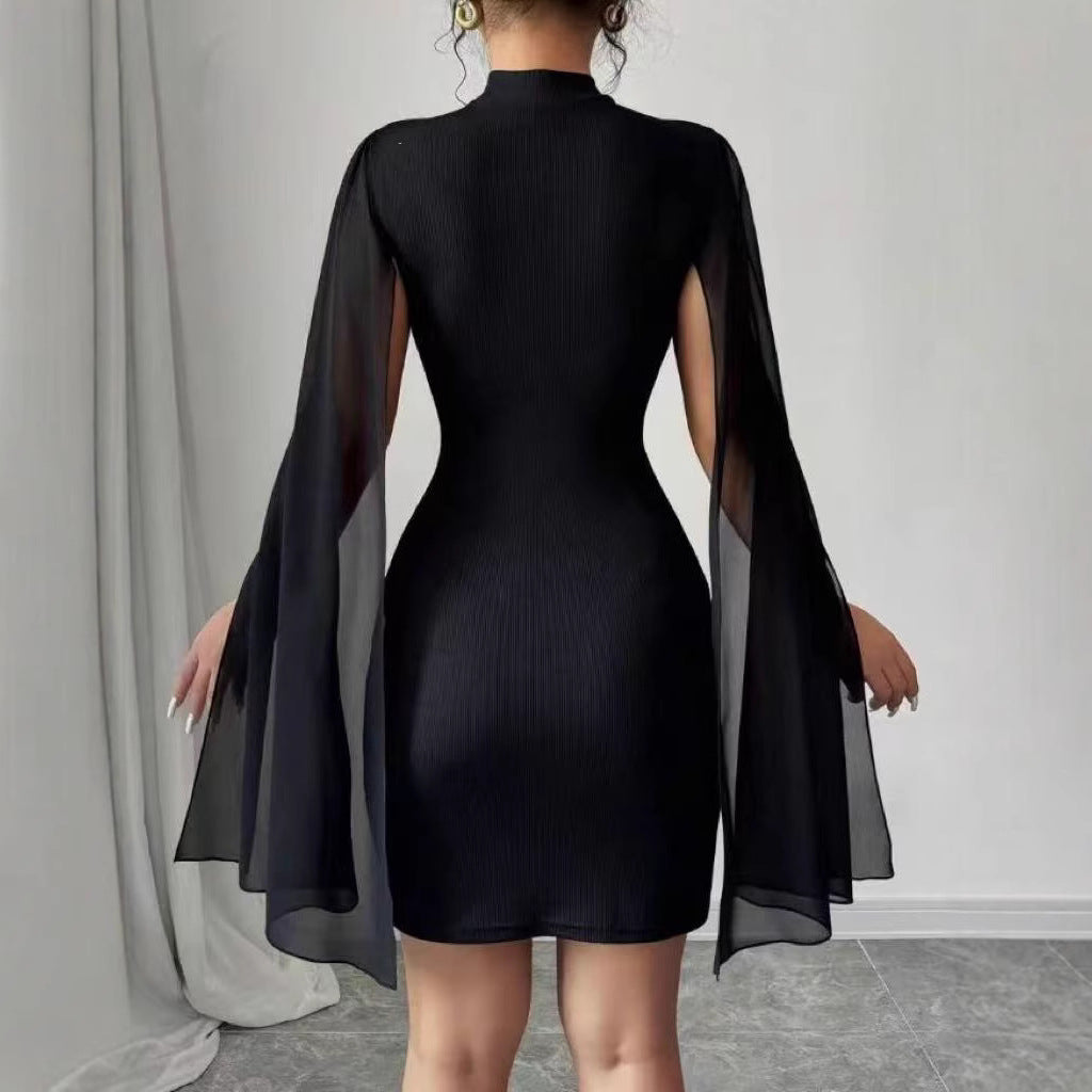 Women's Round Neck Sunken Stripe Pearl Chiffon Sheath Dress