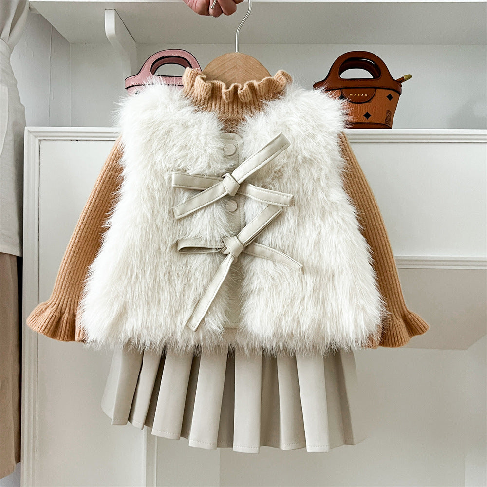 Girls' Autumn And Winter Warm Fur Waistcoat Leather Skirt Suit