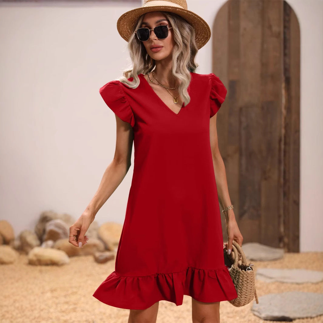 Women's V-neck Ruffle Loose Waist Short Sleeve Dress