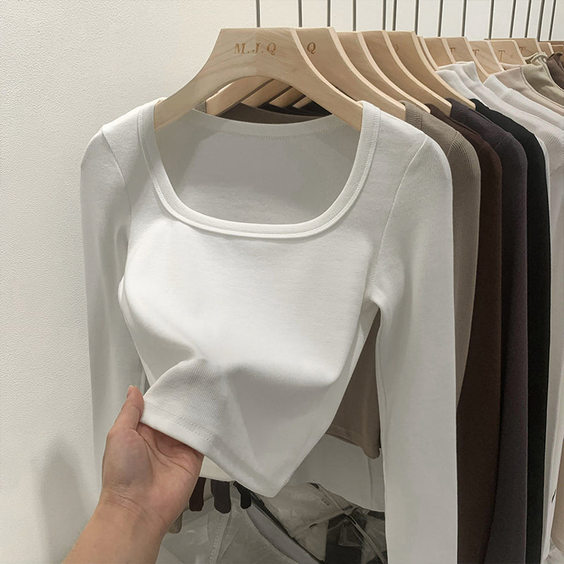 Solid Color Square Collar Bottoming Shirt Long Sleeve
