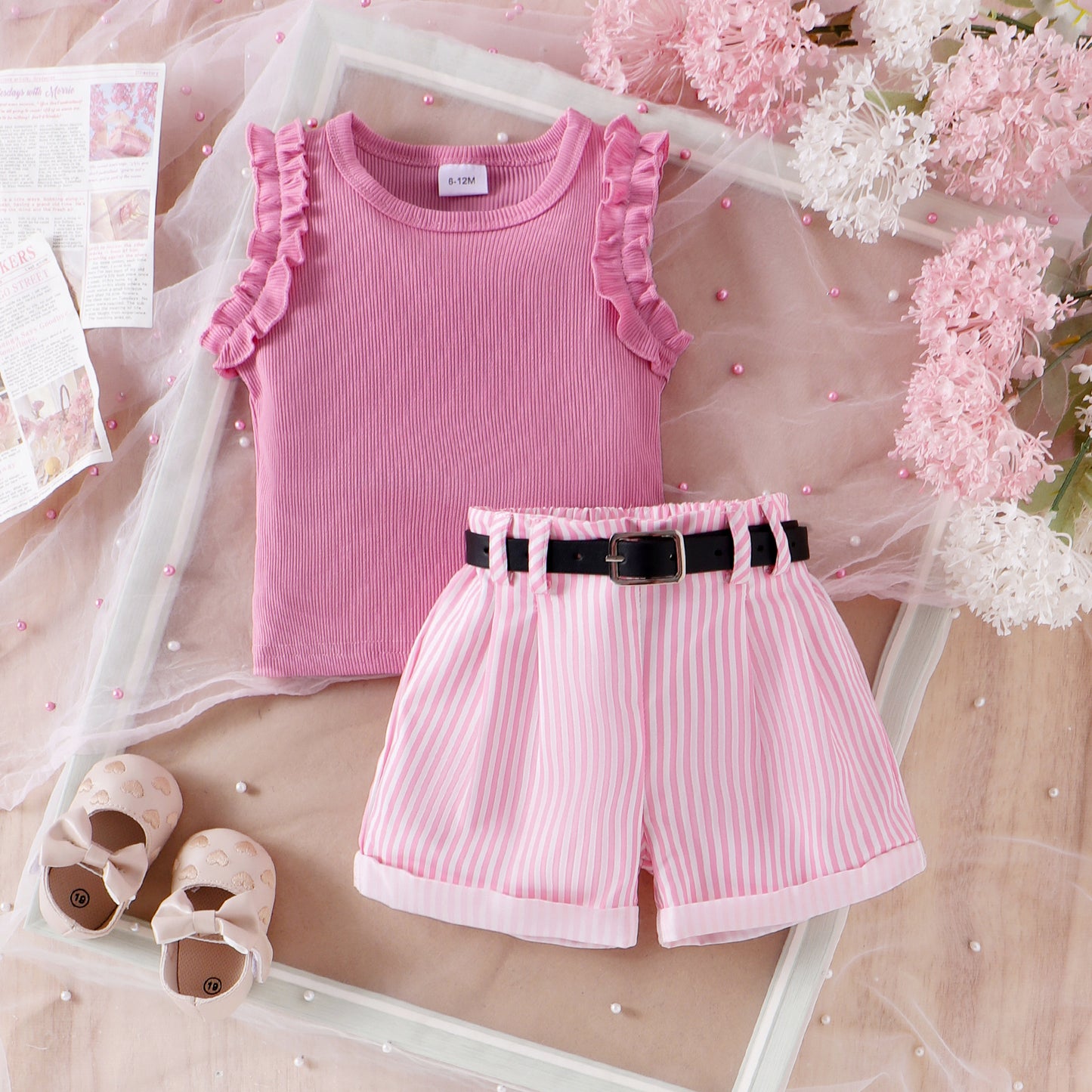 Short sans manches à rayures roses pour fille
