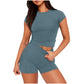 Solid Color Slim Shirt Top High Waist Shorts Suit