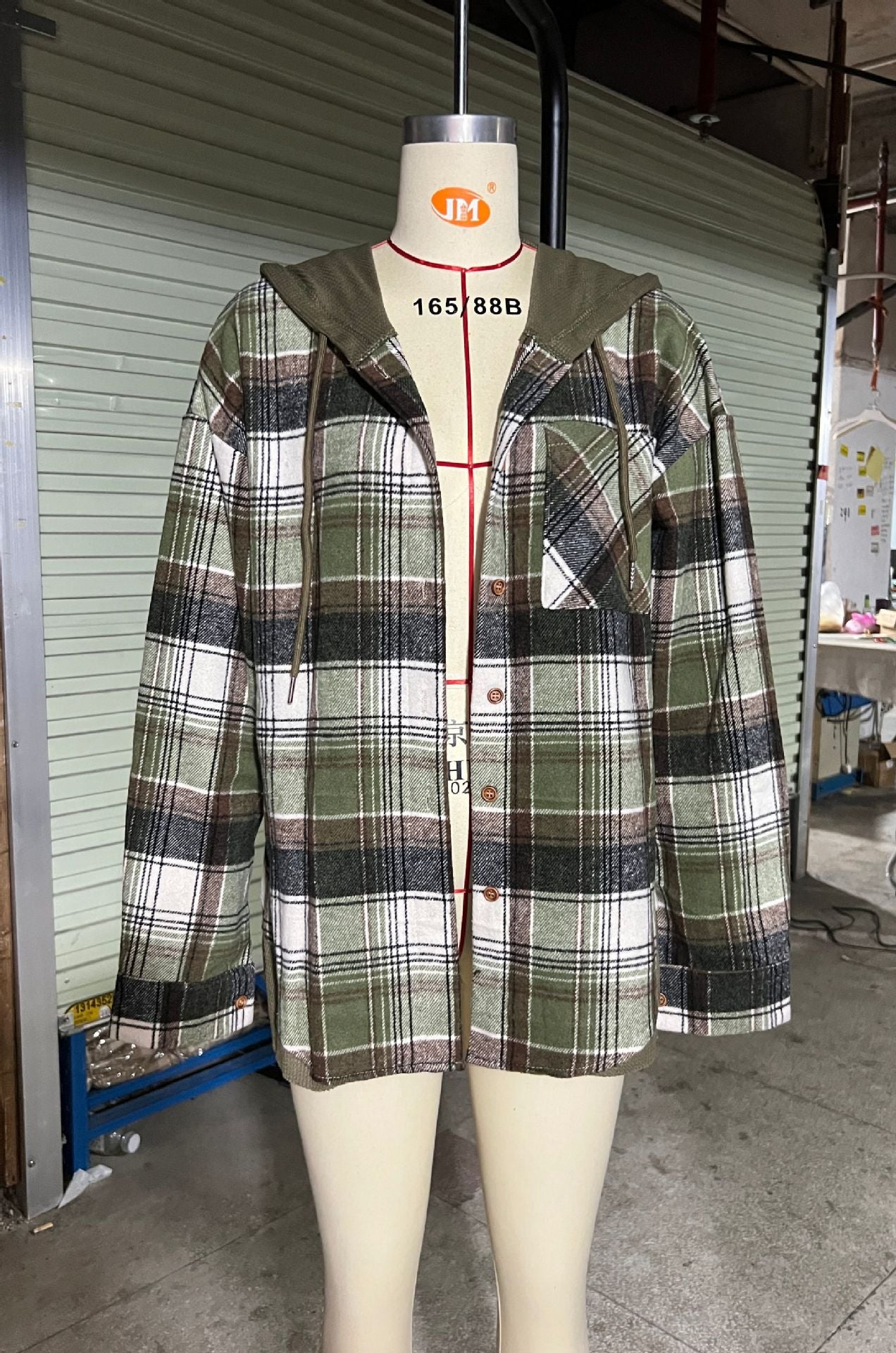 Women's Hooded Spliced Plaid Blouse Woolen Coat