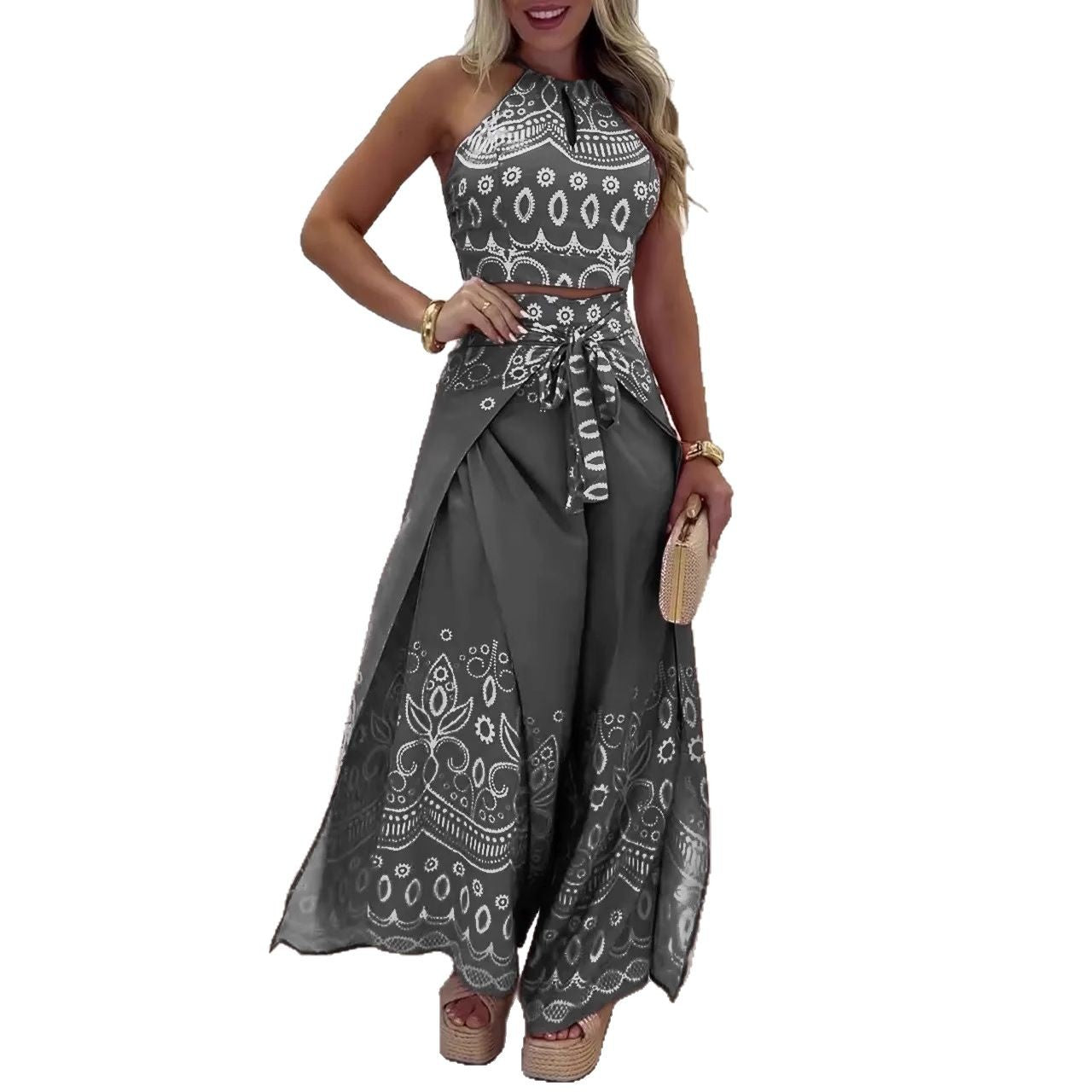 Ethnic Style Halter Top Wide Leg Pants Suit