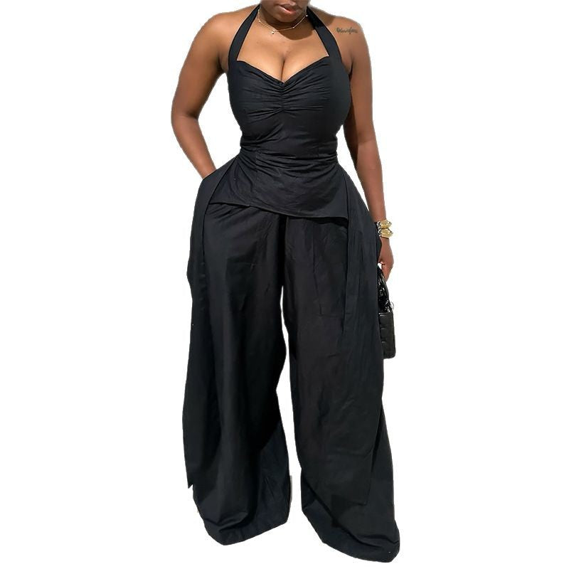 Halter V-neck Irregular Sleeveless High Waist Ribbon Jumpsuit Trousers