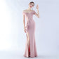 Female Solid Color Satin Off-shoulder Long Evening Dress