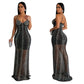 European And American Fashion Women's Pure Color Mesh Rhinestone Strap Dress